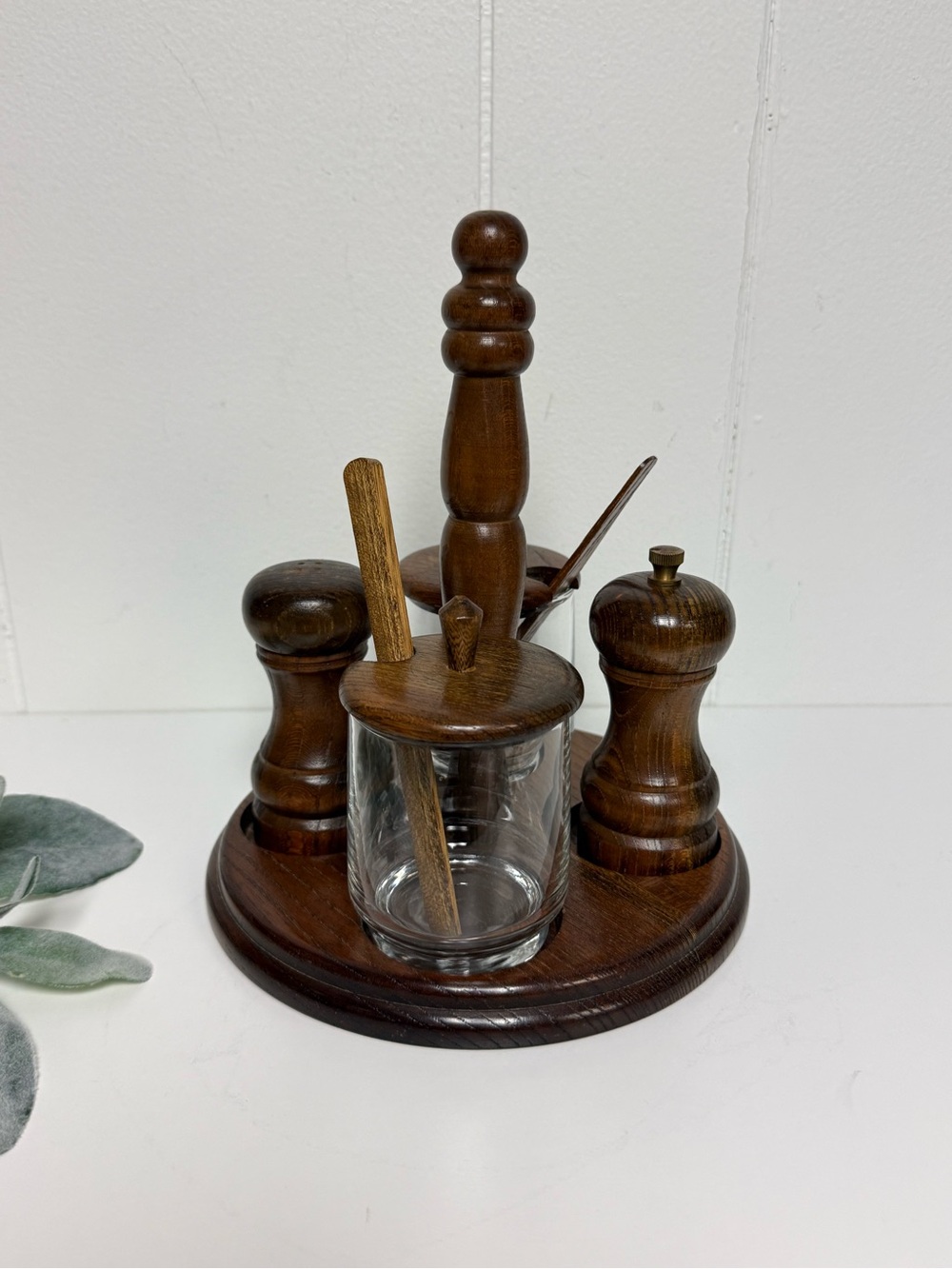Vintage Mid-Century Wood & Glass Condiment Caddy Salt & Pepper Mill Set Japan